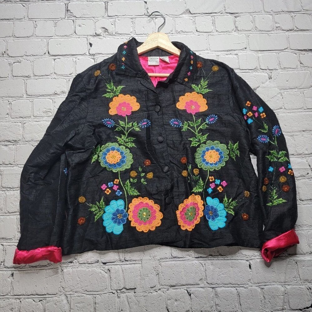Vintage Bleu Bayou Silk Shell Rainbow Floral Embellished Jacket Size L